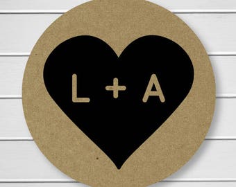 Kraft Initialed Wedding Envelope Seals, Heart Stickers, Envelope Seals, Wedding Favor Stickers, Wedding Envelope Seals (#180-KR)