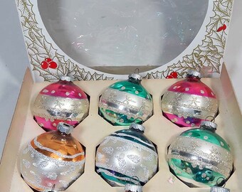 Vintage Box of 9 Shiny Brite USA Mercury Glass Mica Christmas Ornaments