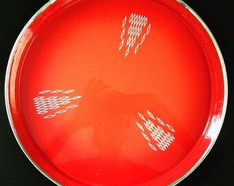 Scandinavian Enamelware Serving Tray in Orange and Geometric White; Vintage Serving Tray; Atomic Era Tray; Orange Serving Tray; Vintage Tray