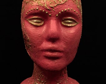 Head Art Female Mannequin Head OOAK Fantasy Mixed Media Styrofoam Metallic Gold Texture Mediums Decoupage Art Pink Gold Wig Hat Display