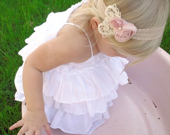 Angel Whispers - Pink Rosette Flowers - Pearl - Vintage Style - Lace Headband - Girls Newborns Baby Infant Adults