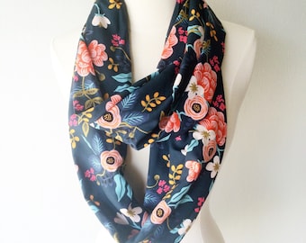 Navy Blue Rifle Paper Co Floral Rayon Infinity Scarf - Handmade - For Her, Spring Fashion, Mother's Day, Summer