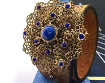 Leather Cuff Bracelet Wristband with Vintage Flower Rustic Golden and Blue, Eco Friendly Materials, Seattle Handmade, Unique, OOAK