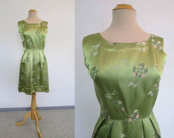 Vintage Dress - 1960s Vintage - Green Satin Brocade Dress - Bust 91 cm