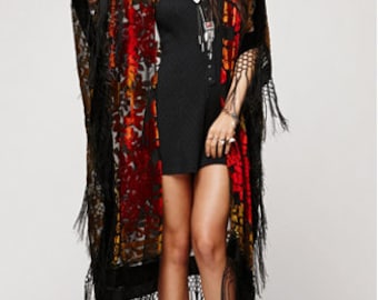 SALE 20% OFF // Floral Brocade Velvet Burnout Gypsy Fringe Kimono