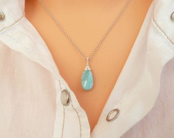 Larimar Necklace Sterling Silver, Larimar Pendant Necklace, Dainty Gemstone Necklace, Wire Wrapped Necklace, 925 Silver Jewelry