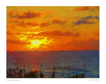 Digital download, Sunset print, beach print, sunset, beach, orange, impressionist, Van Gogh style, wall art, Art for home, home decor
