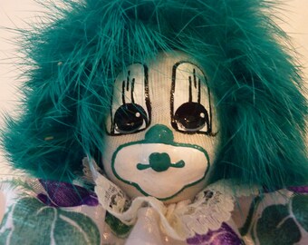 Vintage 1980's Q Tee Clown Sand Doll ~ Hand Painted Clown Doll ~ Green Rabbit Hair ~ Collectable Doll ~ Child's Gift