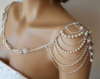 Wedding Shoulder Necklace, Pearl Shoulder Jewelry For Bridal, Crystal Wedding Dress Shoulder Necklace, Body Accessory For Wedding Dress