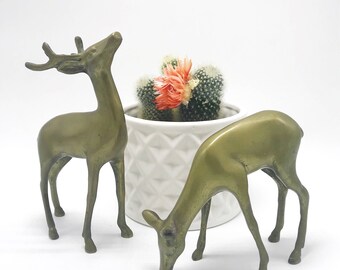 Set of 2 Vintage Brass Deer Figurines, Brass Doe and Buck