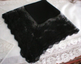 Lovely Vintage French Black Chantilly Lace & Chiffon Scarf ~ 22" Square