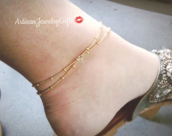 Gold Ankle Bracelet Layered Chain Anklet Minimal Anklet Gold Nugget Anklet Gold Chain Anklet Gold Sattelite Chain Anklet Boho Ankle Bracelet