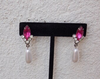 Vintage Pink Rhinestone Drop Pearl Earrings with Post Backs