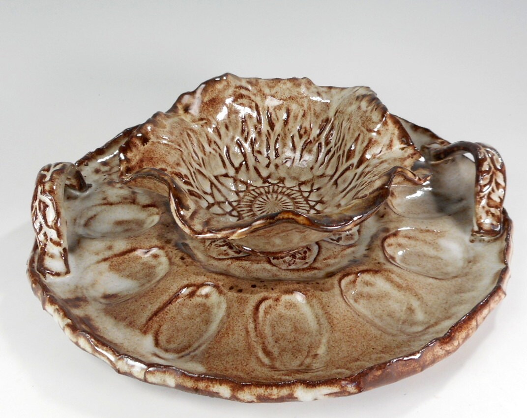 Pottery deviled egg plate ceramic egg dish with handles