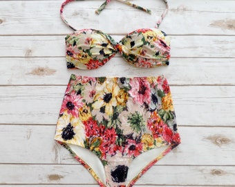 Bikini High Waist Waisted Vintage Style Swimsuit Retro Pin-up Bandeau Swimwear - Pretty Floral Print Yellow Pink Black 2 Piece Bathing Suit