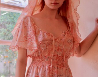 Gladys Dress/ 70s Rare Vintage peach floral dress with caplet/ Size 8