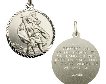 Silver St Saint Christopher & Travellers Prayer Medallion Necklace Pendant 20mm Diamond Cut + Chain Options - Holy Communion Gift