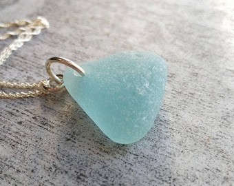 Aqua Sea Glass Pendant// 18" Sterling Silver Chain