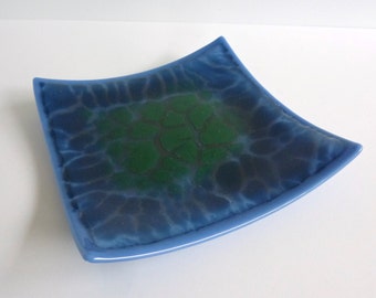 Fused Glass Plate in Periwinkle, Emerald and Dark Aquamarine Blue by BPRDesigns