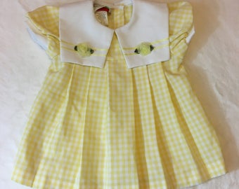 Vintage 80's Baby Girl's Yellow and White Checkered Pleated Dress Size 12 Months
