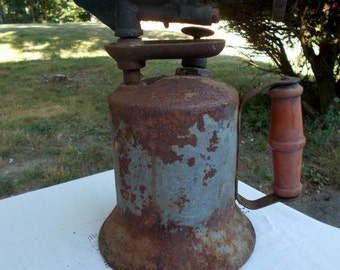 40s Rusty BLOWTORCH for REPURPOSE Red Wooden Handle