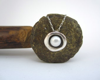 Modern Pearl Necklace - Round Sterling Silver Necklace with Freshwater Pearl and Black Patina