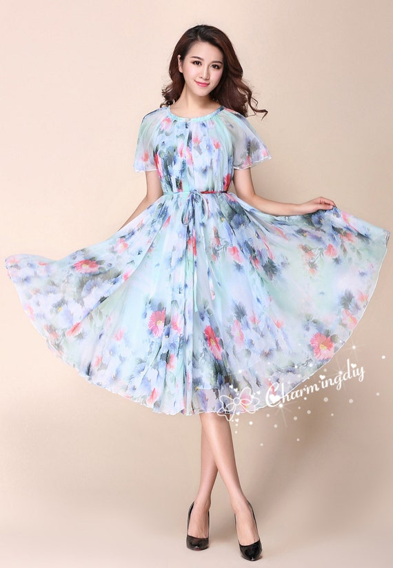 60 Colors Chiffon Blue Pink Flower Short Sleeve Knee Skirt