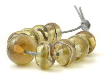 Golden Green Lampwork Beads | Pale Olive and Sepia Lampwork Bead Set | Handmade Lampwork Beads | UK SRA | Artisan beads