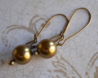 Swarovski Antique Brass Pearl Vintaj Natural BraSS Kidney Wire Earrings