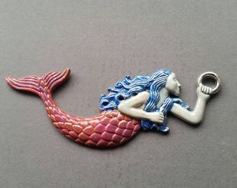Mermaid Charm Patina Painted Altered art Pendant Under the Sea Fish tail Colorful summer beach