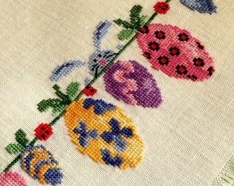 Easter cross stitched Linen Doily, Table decor, Easter Eggs and Rabbits, Decoration of Basket, Decorative cloth, Kitchen decor