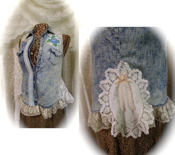 SALE Denim Vest w Lace shabby denim faded denim cotton