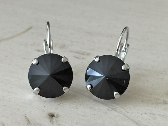 Jet Black Swarovski Crystal Earrings, Silver