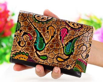 Clutch wallet, clutch women wallets, leather wallets, embossed leather wallet, hand painted wallet, handmade wallet