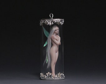 Micro Fairy in a Bottle (Silver) 40mm Glass Vial Tube Pendant Charm Miniature Fantasy Art Doll Nude 1:12 Original Polymer Clay Sculpture