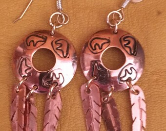 Copper Earrings with Spirit Bears and Feathers