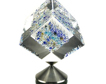 Waterdance - 2005 Cube by USA Artist Jon Kuhn - Coldworked Borosilicate Glass Crystal Sculpture - Contemporary Geometric Visual Fine Art