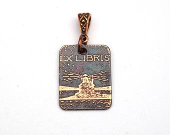 Lighthouse pendant, small rectangular flat copper bookplate ex libris jewelry, etched metal, optional necklace, 25mm