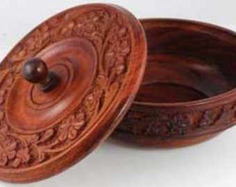 Wooden Ritual Offering Bowl w/ Lid 5" Floral Engraved Wicca Pagan Ritual Ceremonial Altar Free Domestic Shipping!