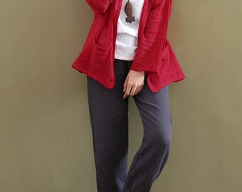 Women cotton and linen Shirt – Loose Long Sleeve Linen and Cotton cardigan shirt