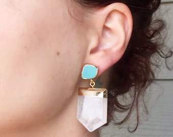 Large Chunky Crystal Quartz Pendant Turquoise Stud Gold Dipped Statement Earrings