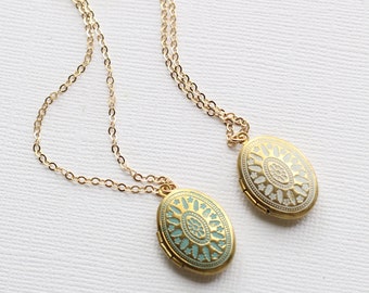 Small Gold Locket Necklace-Painted Locket Turquoise or White-Photo Locket Necklace-Minimalist Necklace-Simple Gold Locket-Gold Filled