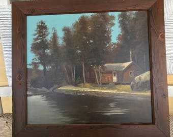 Vintage painting cabin on woods signed Price