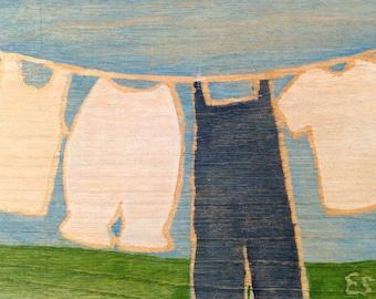 5x7" on wood, ready to hang, "Overalls and Bloomers"