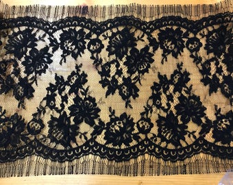 French black lace. Lace ribbon. Lace Made in France. Black chantilly lace. Authentic lace trim.