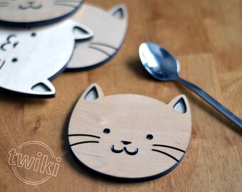 Wood cat coasters - Laser cut cat wood coasters, wooden cat coasters, cat housewarming gift, cat lover, cat decor, wood cat decor, cute cats