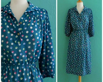 vintage 70's print dress // blue polka dot day dress