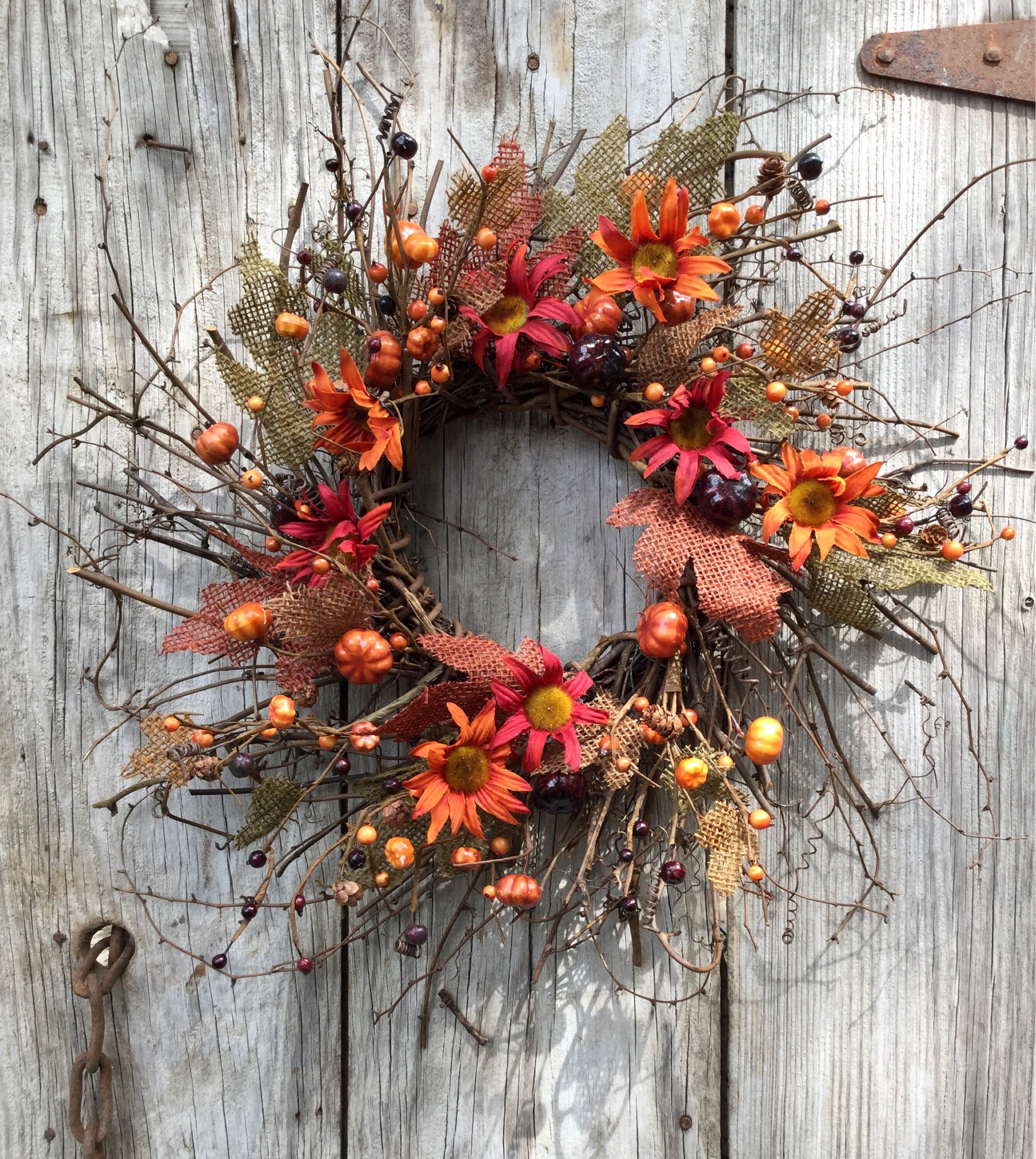 Fall Twig Wreath With Mini Pumpkins Flowers Pip Berries And