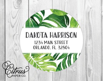 Return Address Labels Tropical Monstera Palm Leaves Beach Round Circle Glossy Matte 2 Inch Beach Wedding Destination Wedding Personalized