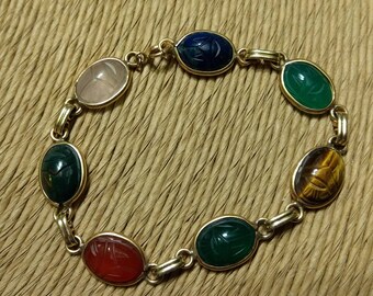 Vintage 1/20 12k Gold Filled and Semi-precious Gemstone Scarab Egyptian Revival Bracelet